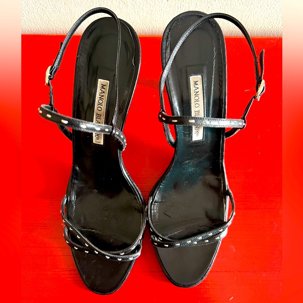Manolo Blahnik strappy stillettos, black leather, sz 41.5 - Picture 7 of 11